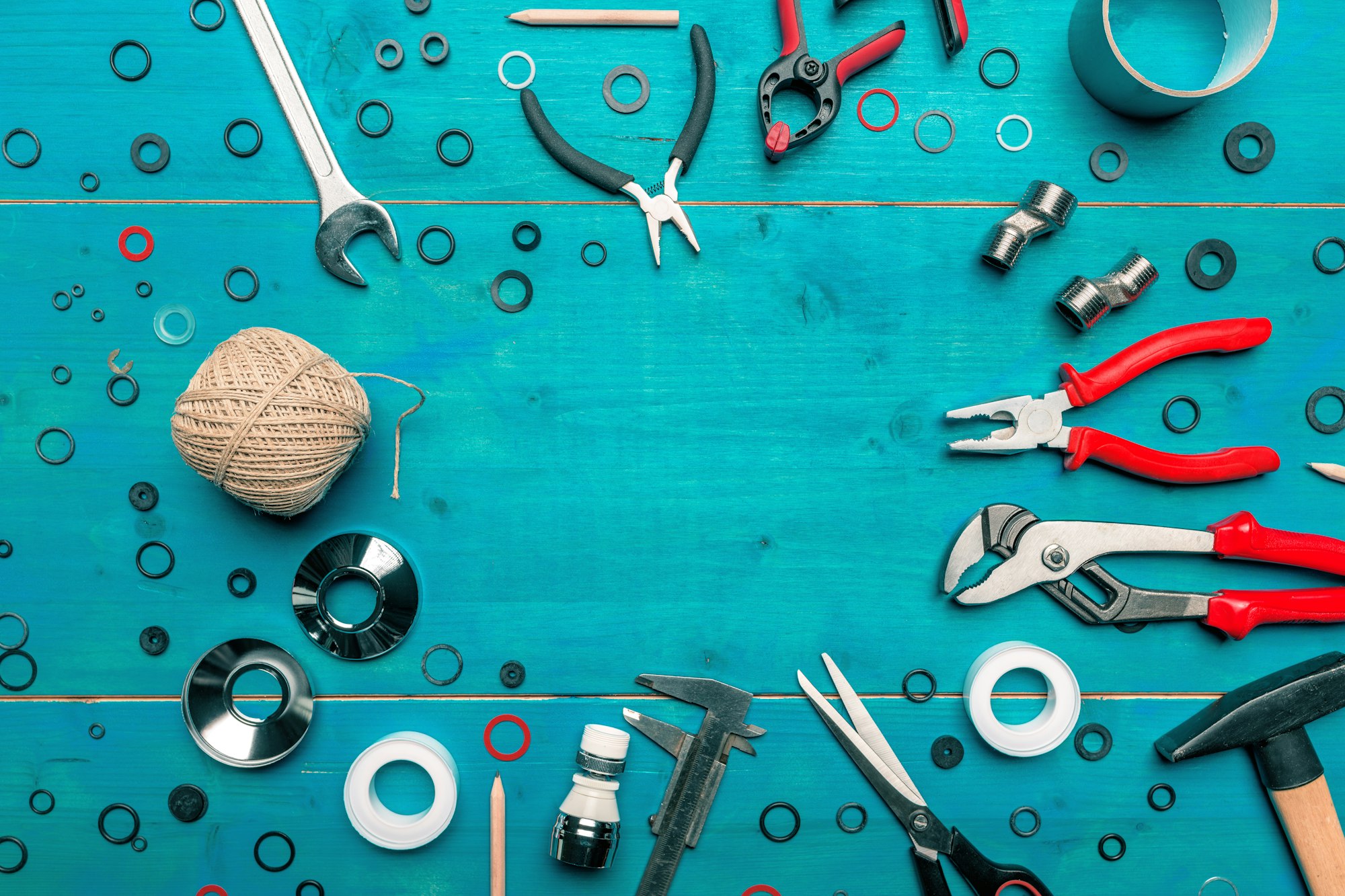 Plumbing toolkit on work desk top view flat lay